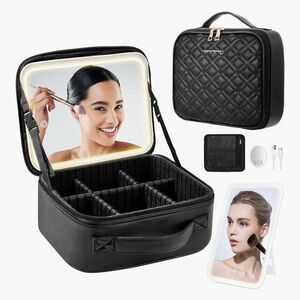 Travel Makeup Bag with LED 10x Magnifying light Mirror, Adjustable Dividers